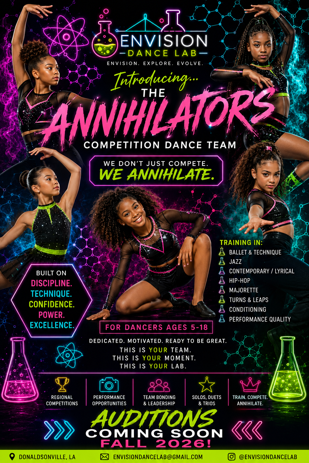 The Annihilators competition dance team flyer, auditions coming Fall 2026