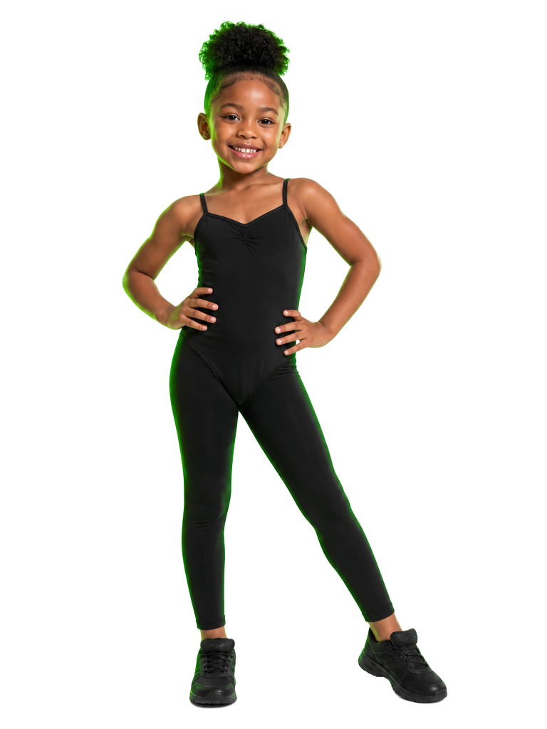Young dancer in a black leotard with hands on hips