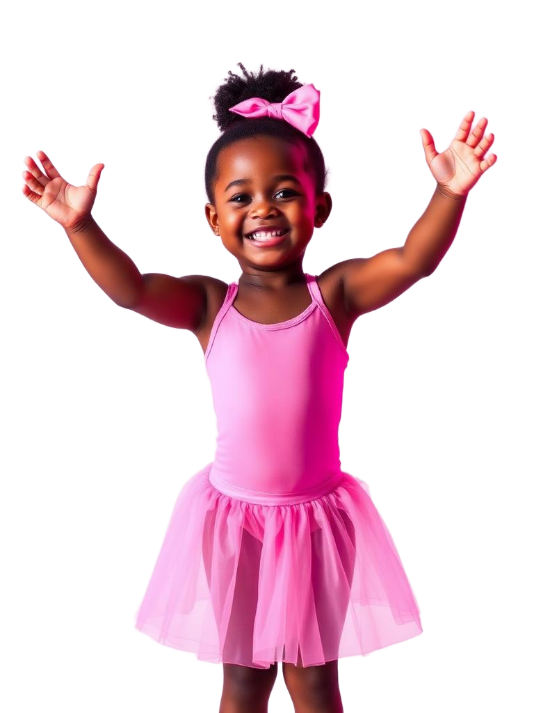 Toddler ballerina in a pink tutu reaching upward